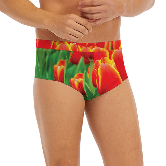 Red And Yellow Tulip Print Men's Briefs