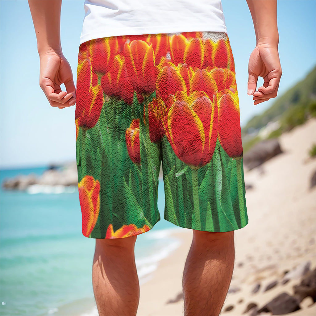 Red And Yellow Tulip Print Men's Cargo Shorts