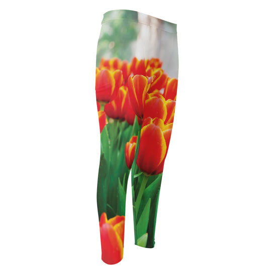 Red And Yellow Tulip Print Men's Compression Pants
