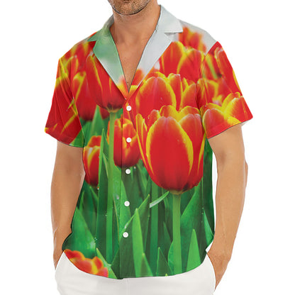 Red And Yellow Tulip Print Men's Deep V-Neck Shirt