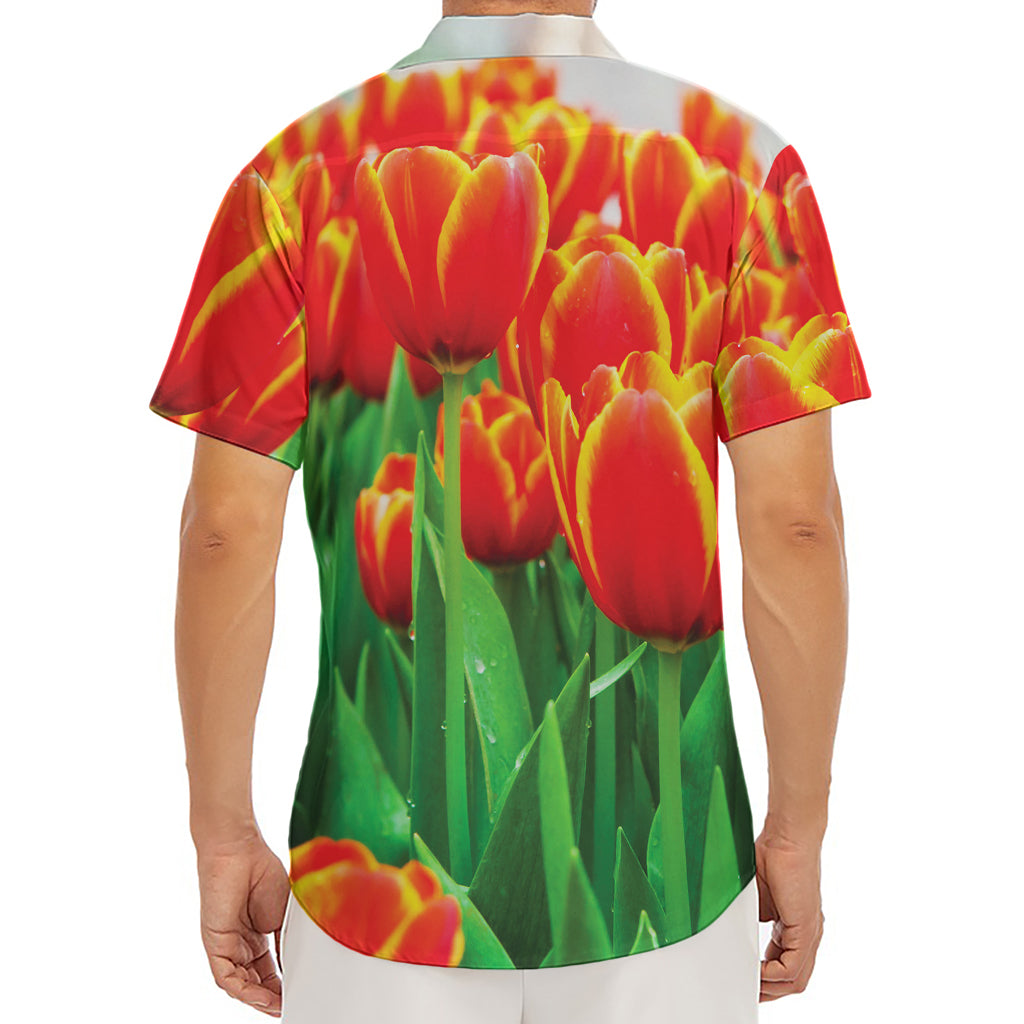 Red And Yellow Tulip Print Men's Deep V-Neck Shirt