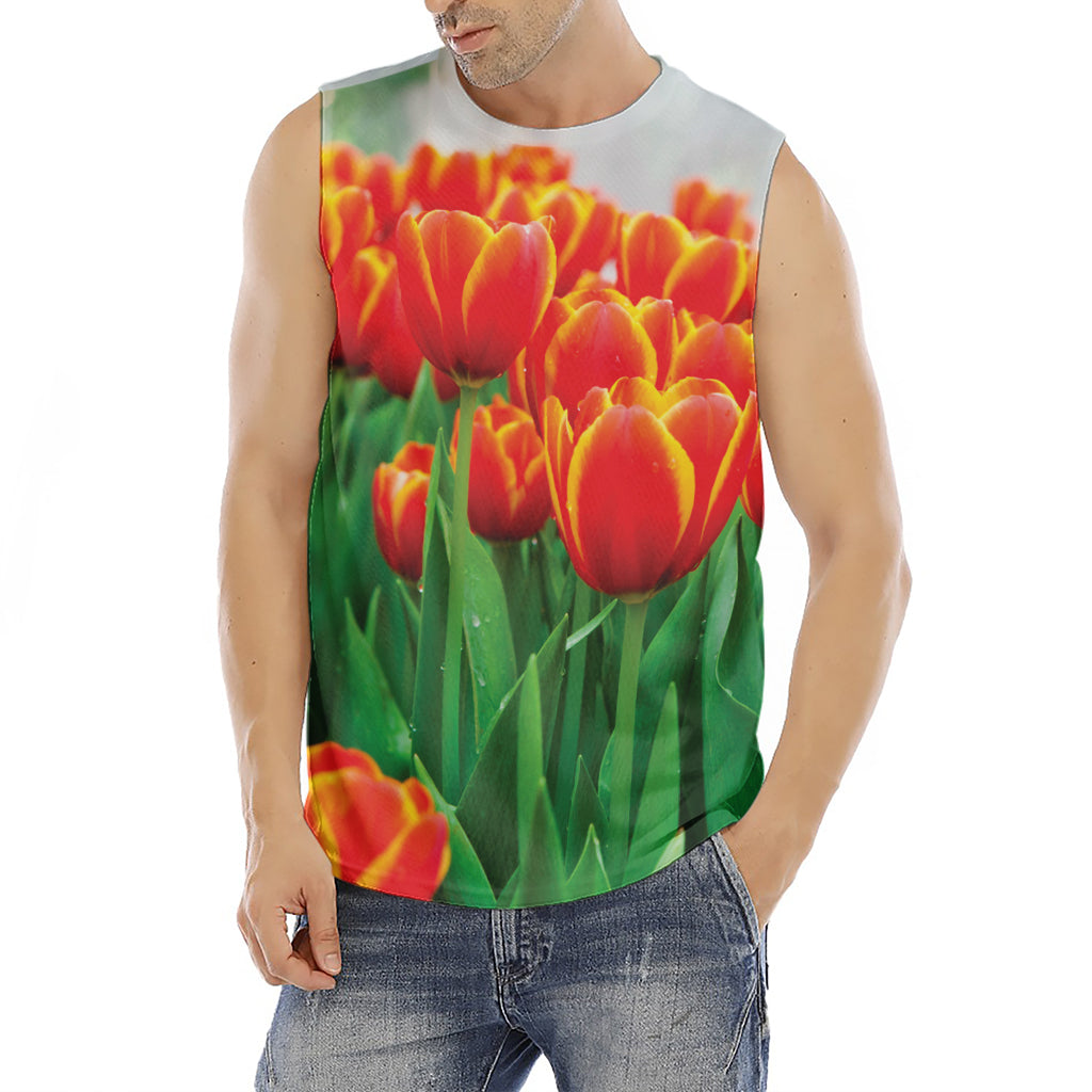 Red And Yellow Tulip Print Men's Fitness Tank Top