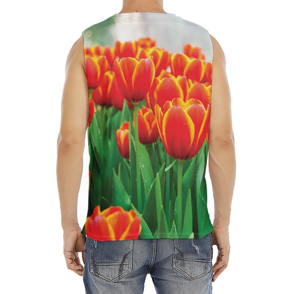 Red And Yellow Tulip Print Men's Fitness Tank Top