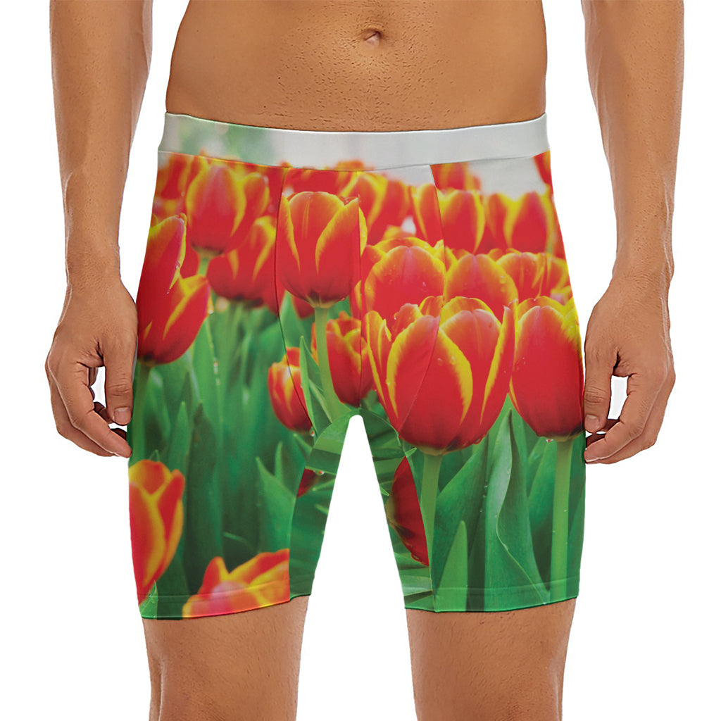Red And Yellow Tulip Print Men's Long Boxer Briefs