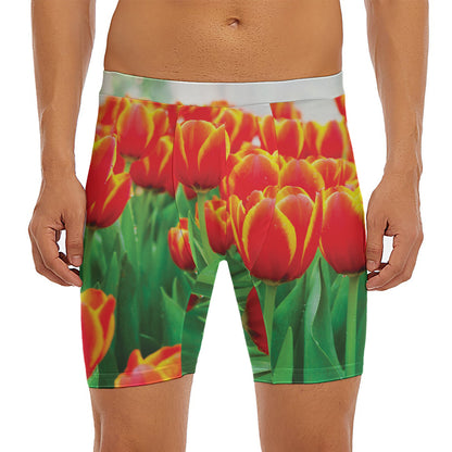 Red And Yellow Tulip Print Men's Long Boxer Briefs