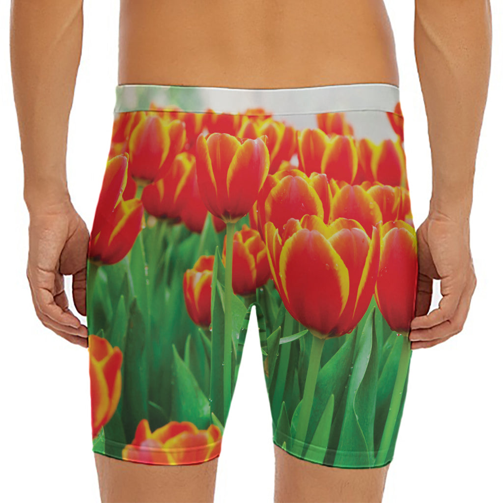 Red And Yellow Tulip Print Men's Long Boxer Briefs