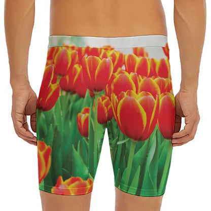 Red And Yellow Tulip Print Men's Long Boxer Briefs