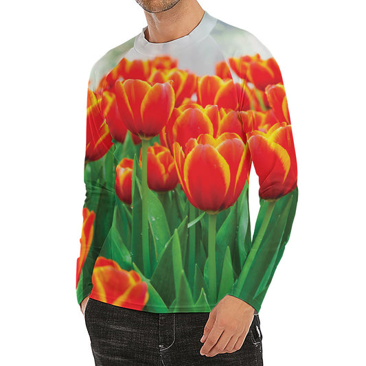 Red And Yellow Tulip Print Men's Long Sleeve Rash Guard