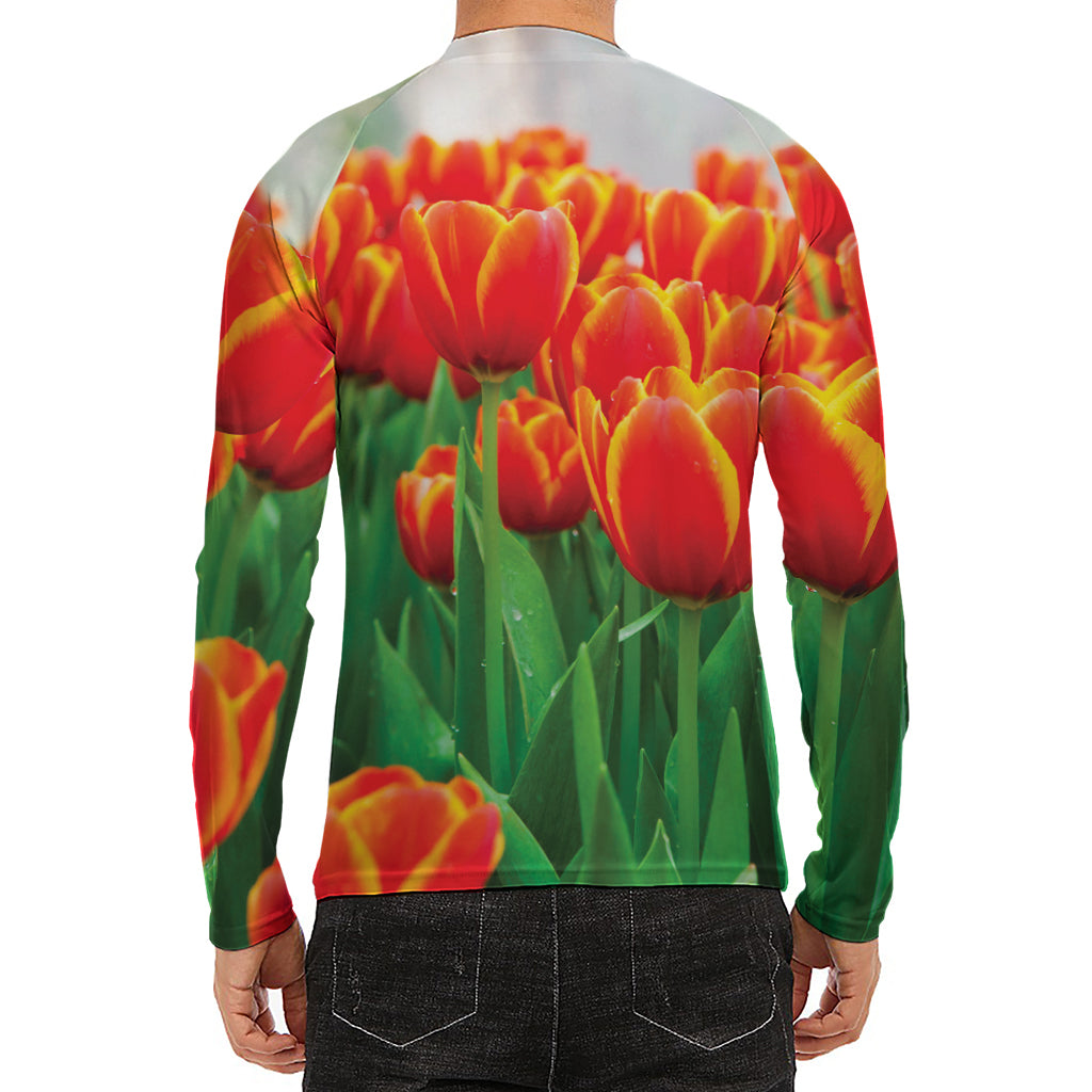 Red And Yellow Tulip Print Men's Long Sleeve Rash Guard