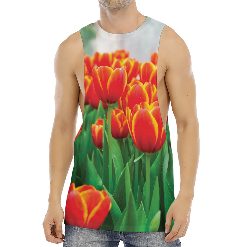 Red And Yellow Tulip Print Men's Muscle Tank Top