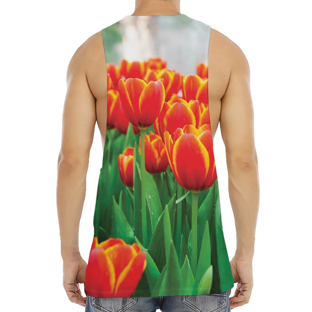 Red And Yellow Tulip Print Men's Muscle Tank Top