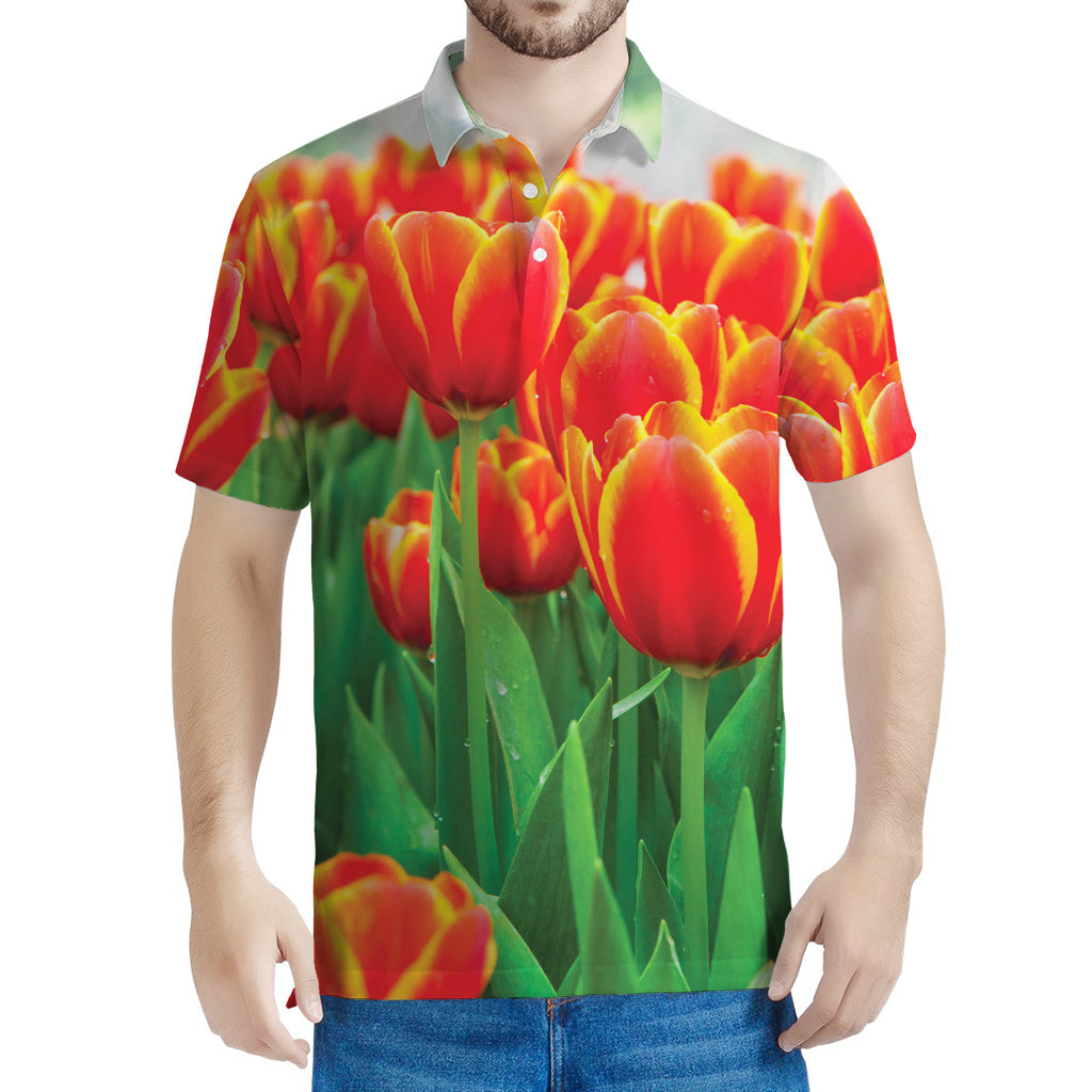 Red And Yellow Tulip Print Men's Polo Shirt