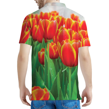 Red And Yellow Tulip Print Men's Polo Shirt