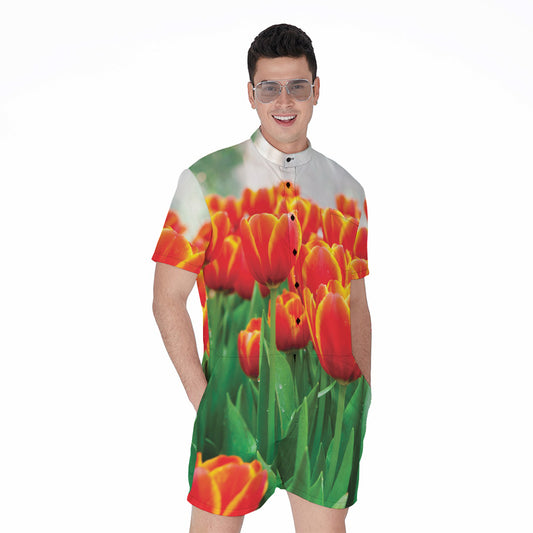 Red And Yellow Tulip Print Men's Rompers