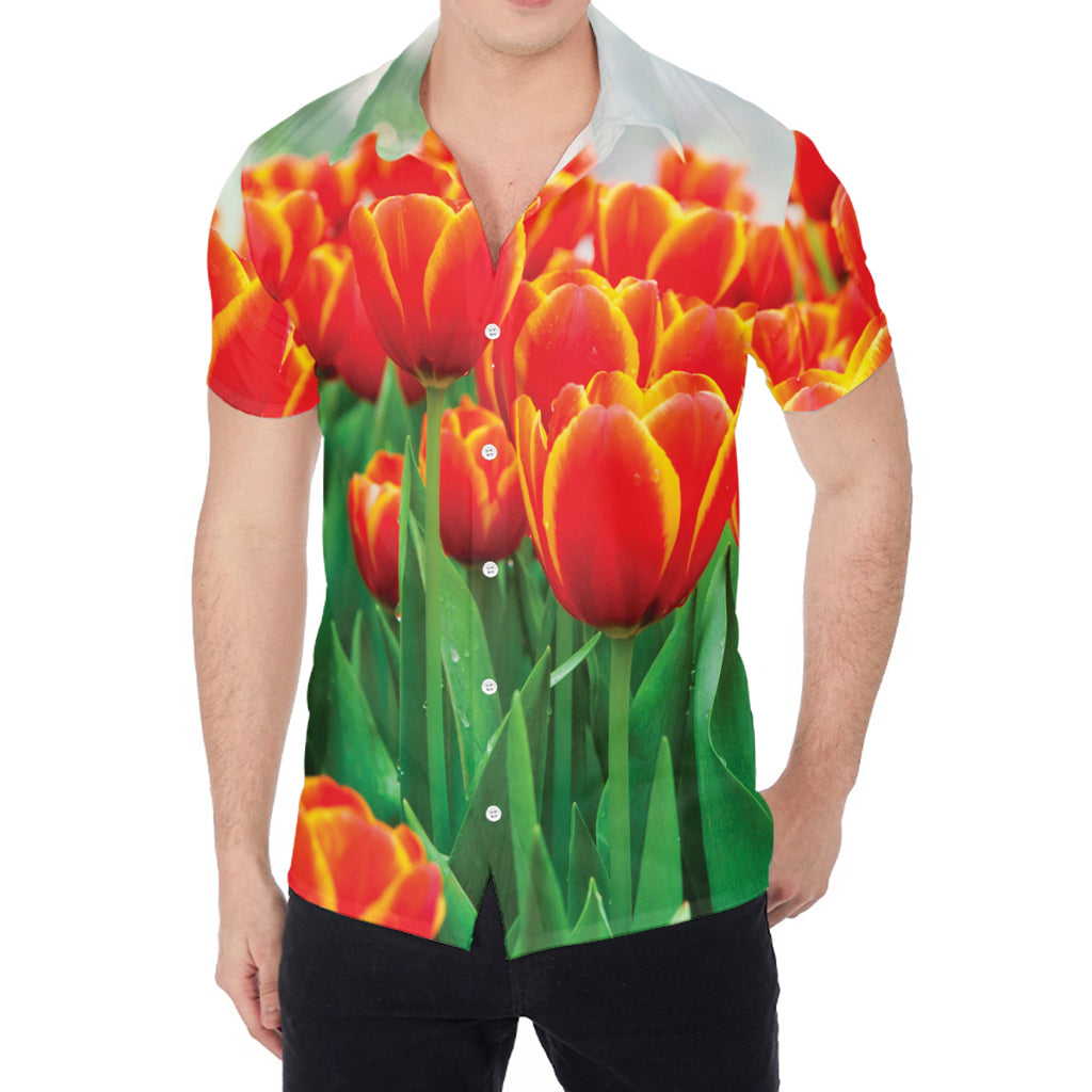 Red And Yellow Tulip Print Men's Shirt