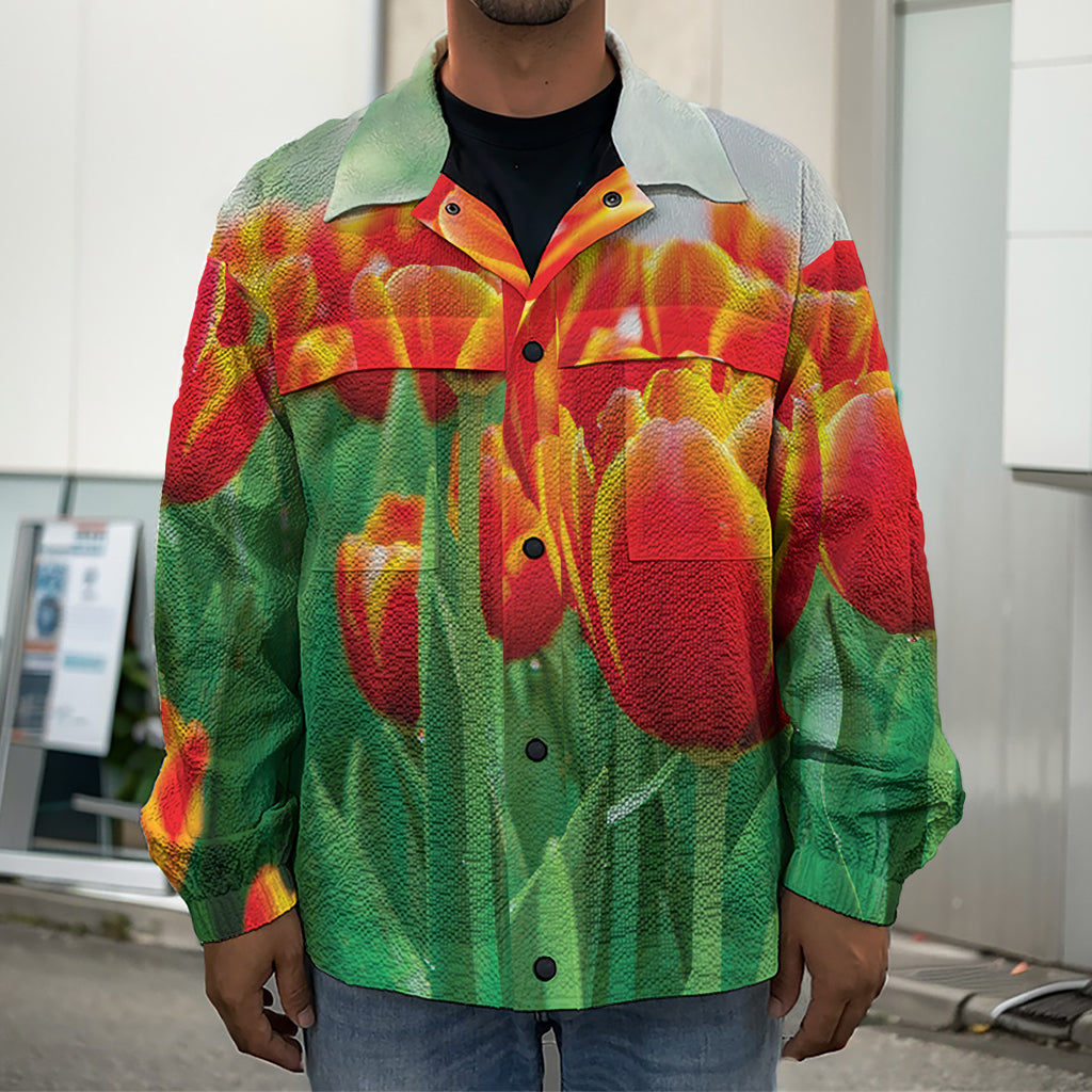 Red And Yellow Tulip Print Men's Shirt Jacket