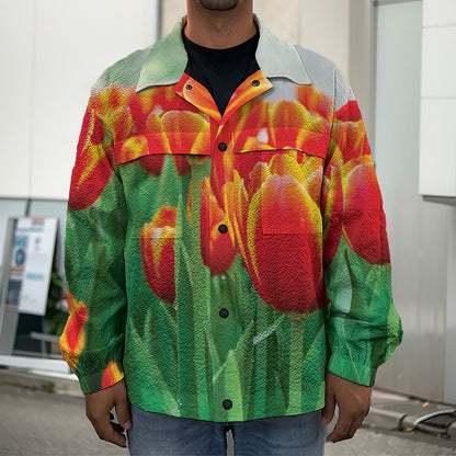 Red And Yellow Tulip Print Men's Shirt Jacket