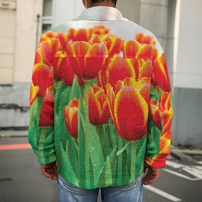 Red And Yellow Tulip Print Men's Shirt Jacket