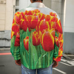 Red And Yellow Tulip Print Men's Shirt Jacket