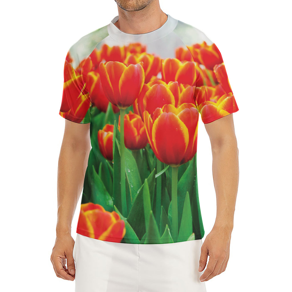 Red And Yellow Tulip Print Men's Short Sleeve Rash Guard