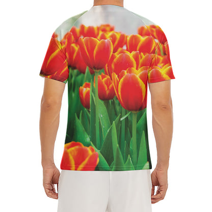 Red And Yellow Tulip Print Men's Short Sleeve Rash Guard