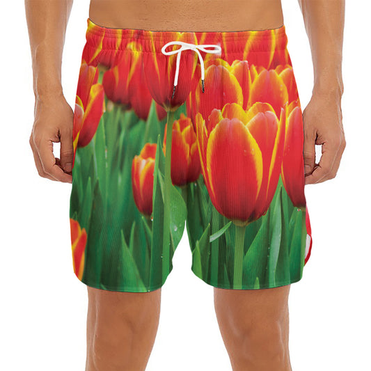 Red And Yellow Tulip Print Men's Split Running Shorts
