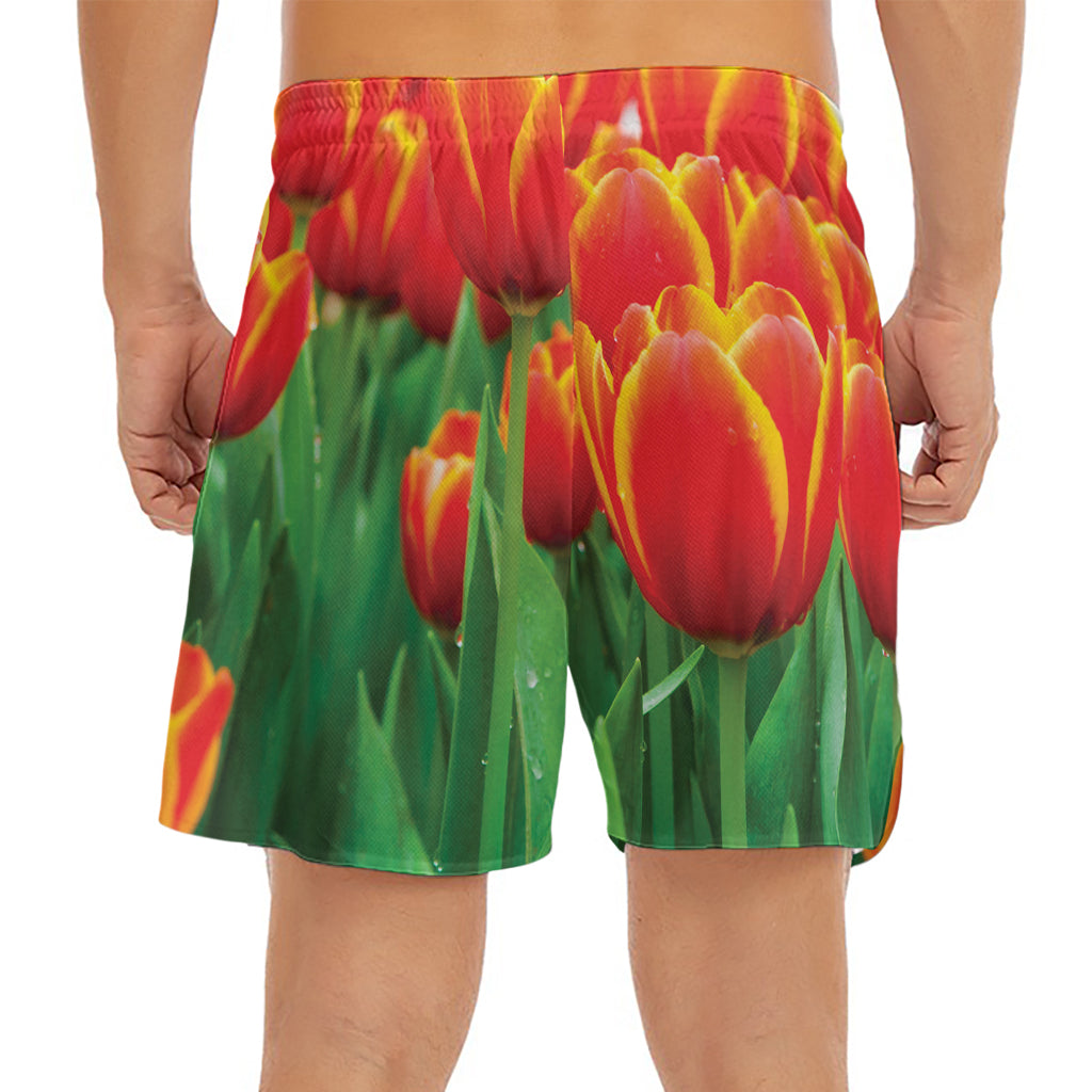 Red And Yellow Tulip Print Men's Split Running Shorts