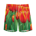 Red And Yellow Tulip Print Men's Sports Shorts