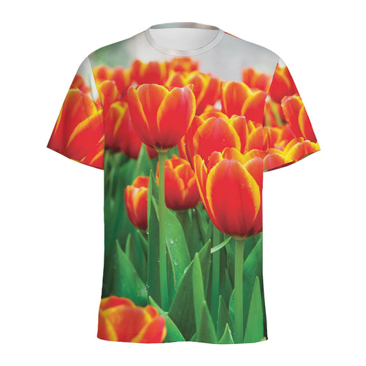 Red And Yellow Tulip Print Men's Sports T-Shirt