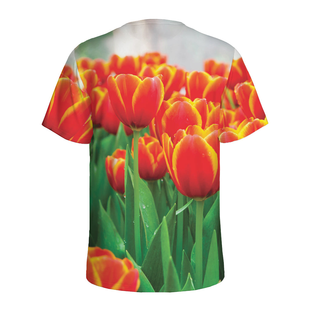 Red And Yellow Tulip Print Men's Sports T-Shirt