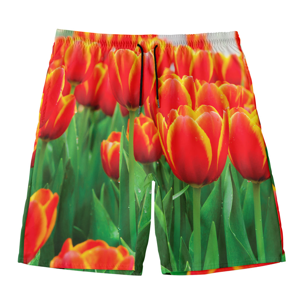 Red And Yellow Tulip Print Men's Swim Trunks