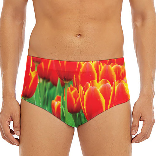 Red And Yellow Tulip Print Men's Triangle Swim Briefs