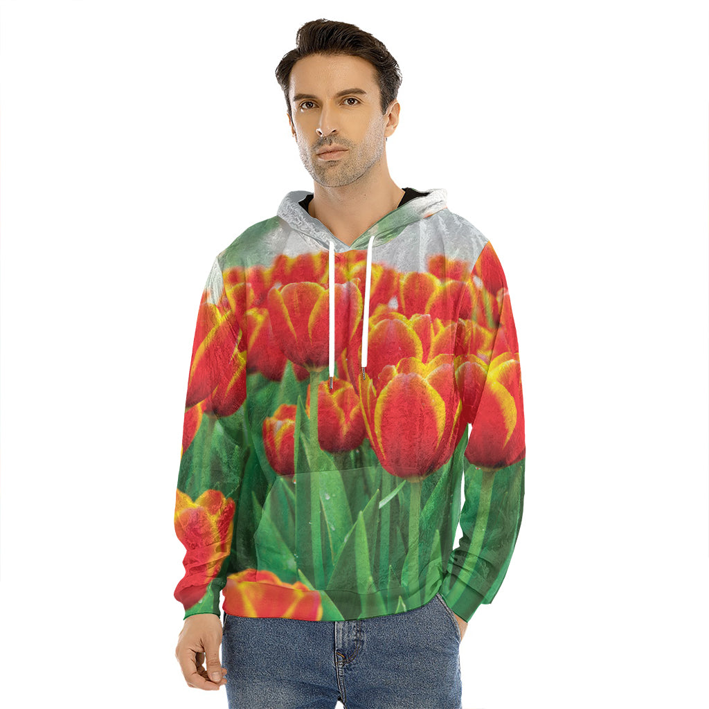 Red And Yellow Tulip Print Men's Velvet Pullover Hoodie