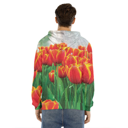 Red And Yellow Tulip Print Men's Velvet Pullover Hoodie