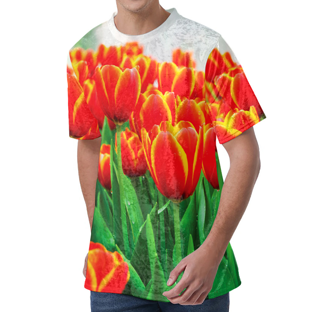 Red And Yellow Tulip Print Men's Velvet T-Shirt