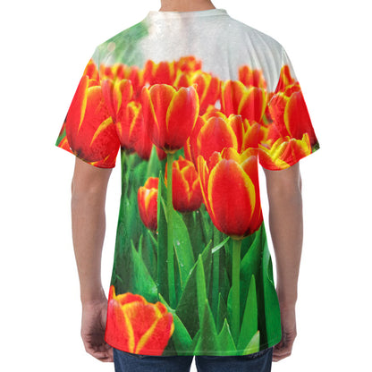 Red And Yellow Tulip Print Men's Velvet T-Shirt