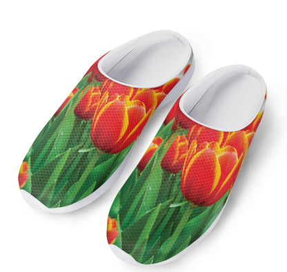 Red And Yellow Tulip Print Mesh Casual Shoes