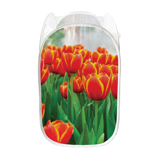 Red And Yellow Tulip Print Mesh Laundry Hamper