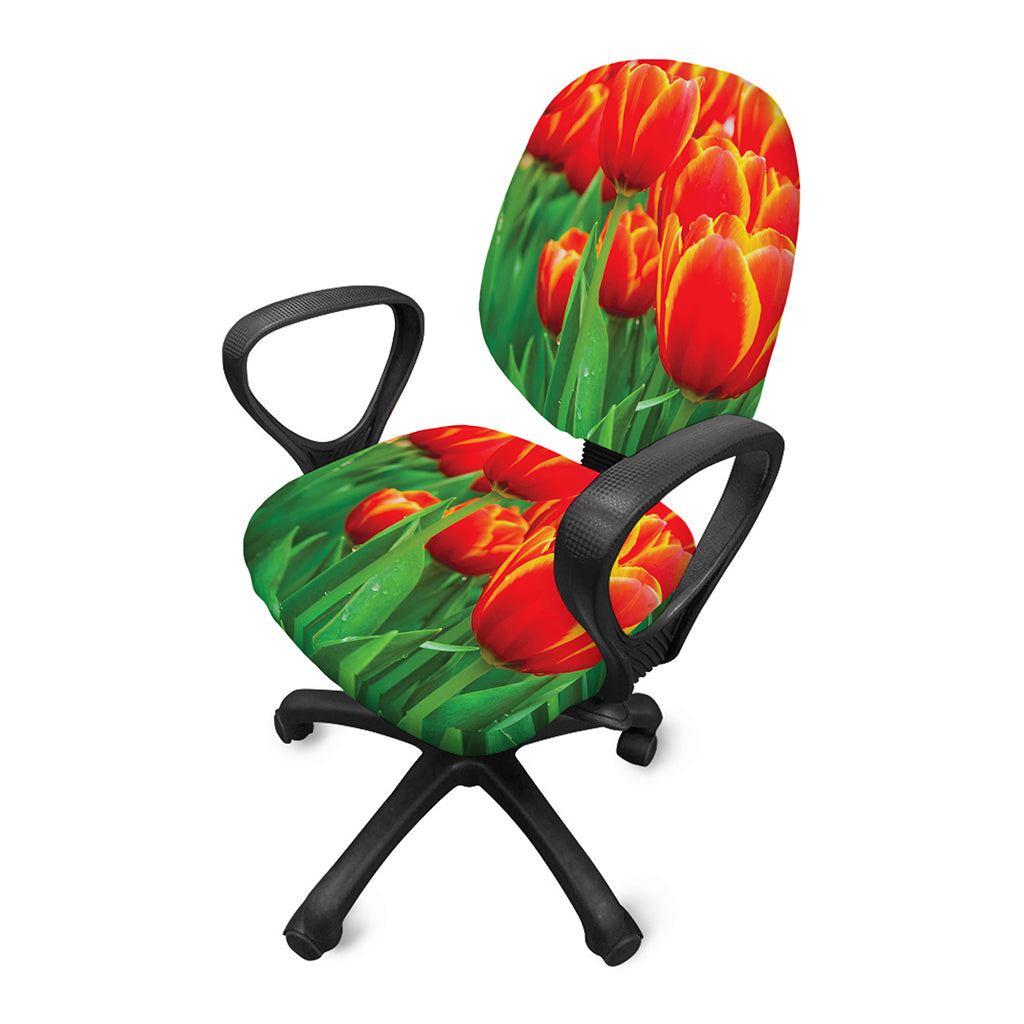 Red And Yellow Tulip Print Office Chair Cover