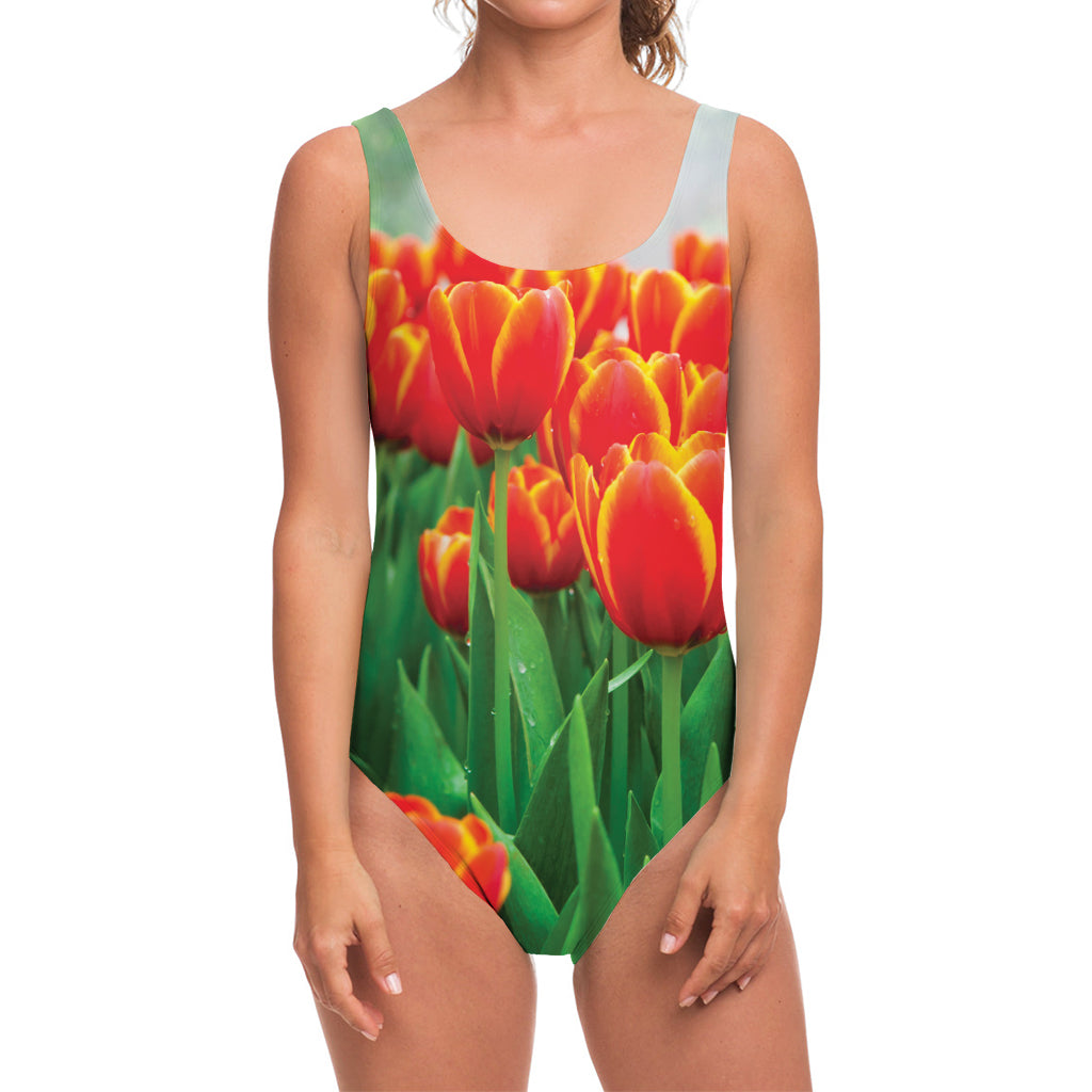 Red And Yellow Tulip Print One Piece Swimsuit