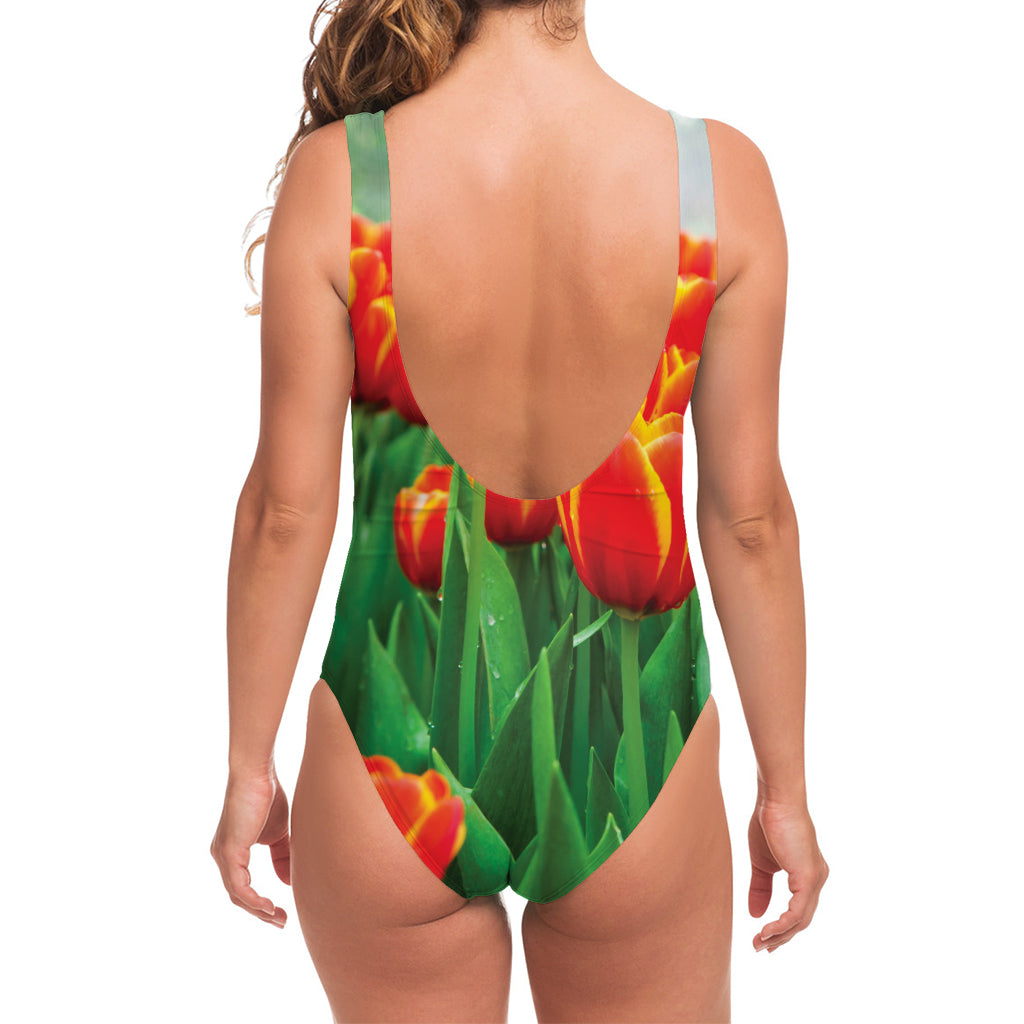 Red And Yellow Tulip Print One Piece Swimsuit
