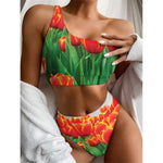 Red And Yellow Tulip Print One Shoulder Bikini Top