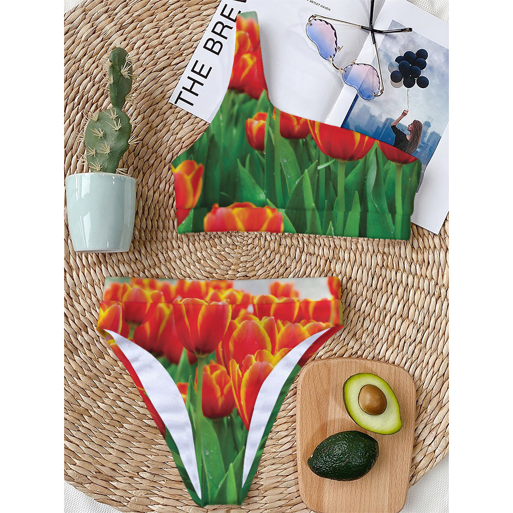 Red And Yellow Tulip Print One Shoulder Bikini Top