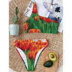 Red And Yellow Tulip Print One Shoulder Bikini Top