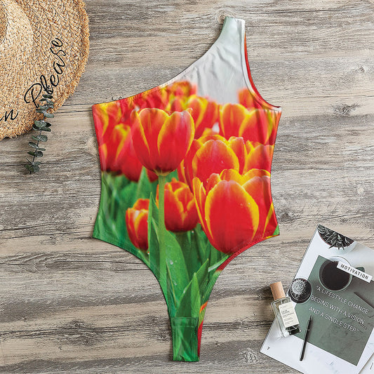 Red And Yellow Tulip Print One Shoulder Bodysuit
