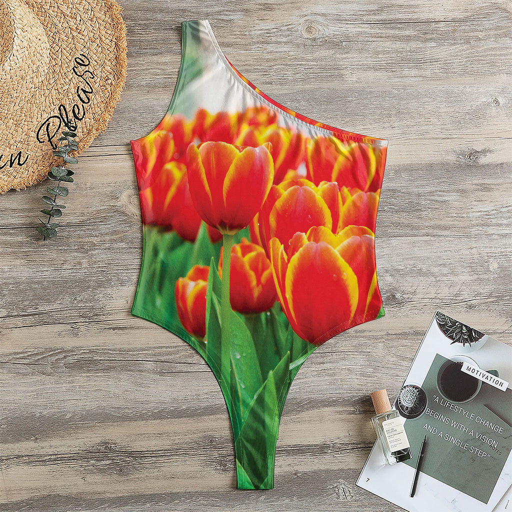 Red And Yellow Tulip Print One Shoulder Bodysuit
