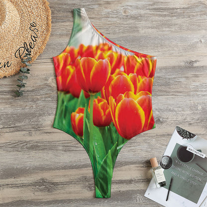Red And Yellow Tulip Print One Shoulder Bodysuit