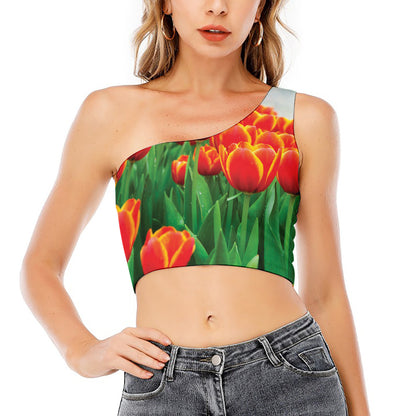 Red And Yellow Tulip Print One Shoulder Crop Top