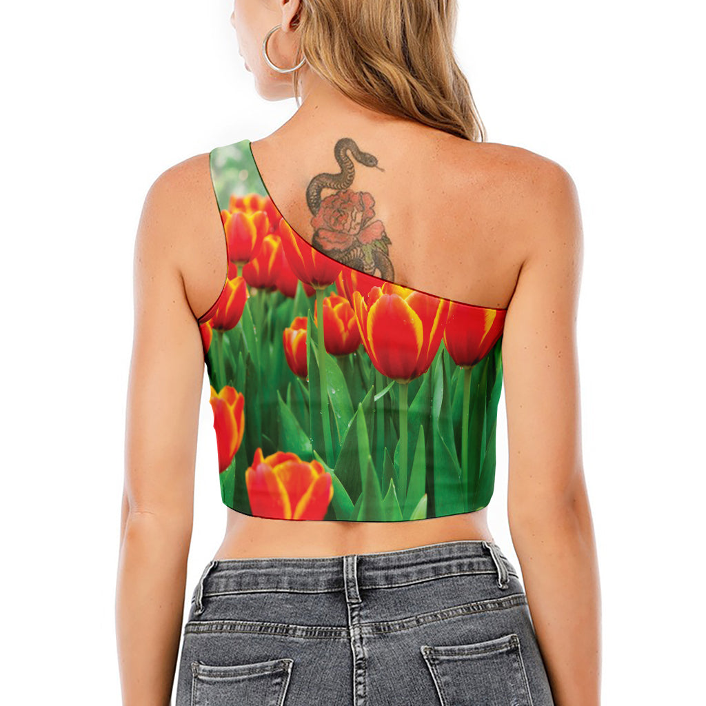 Red And Yellow Tulip Print One Shoulder Crop Top