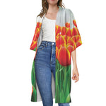 Red And Yellow Tulip Print Open Front Beach Cover Up